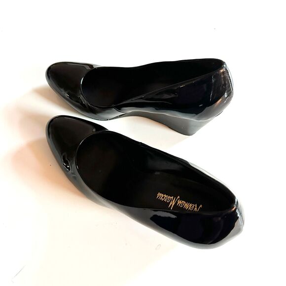 NEIMAN MARCUS Wedge Pump Women 10M Black Patent Leather 3.5" Stacked Heel Shoes - Picture 4 of 7
